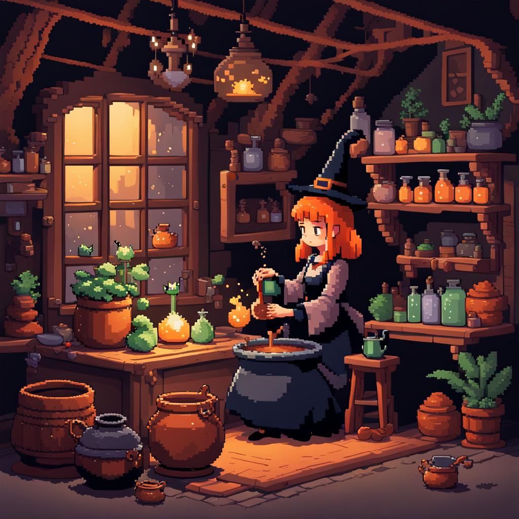 Pixel Art of Witch Brewing Potions