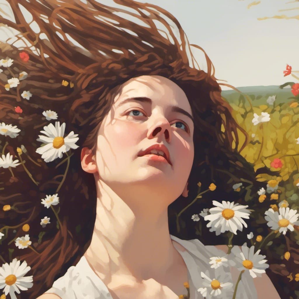 Woman Portrait in Meadow, Detailed Art Style