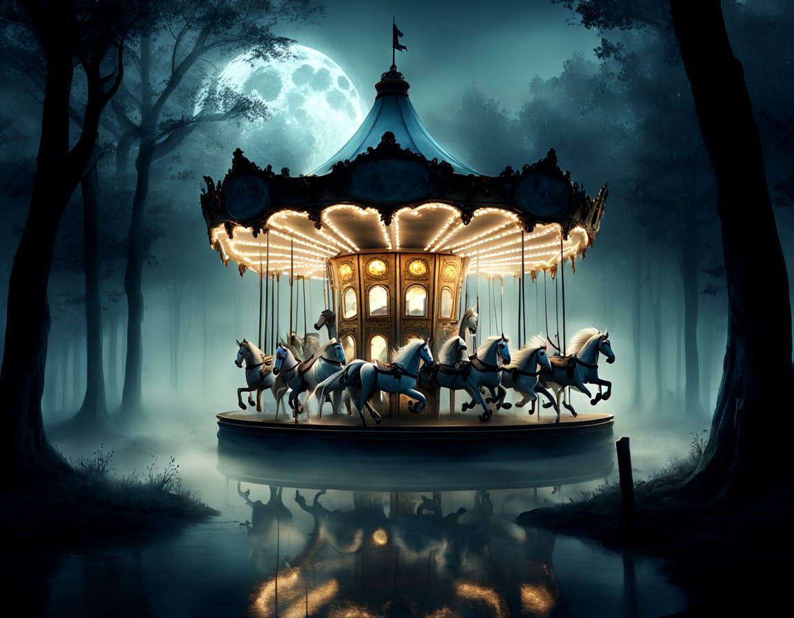 Ethereal Carousel in Haunted Forest at Twilight