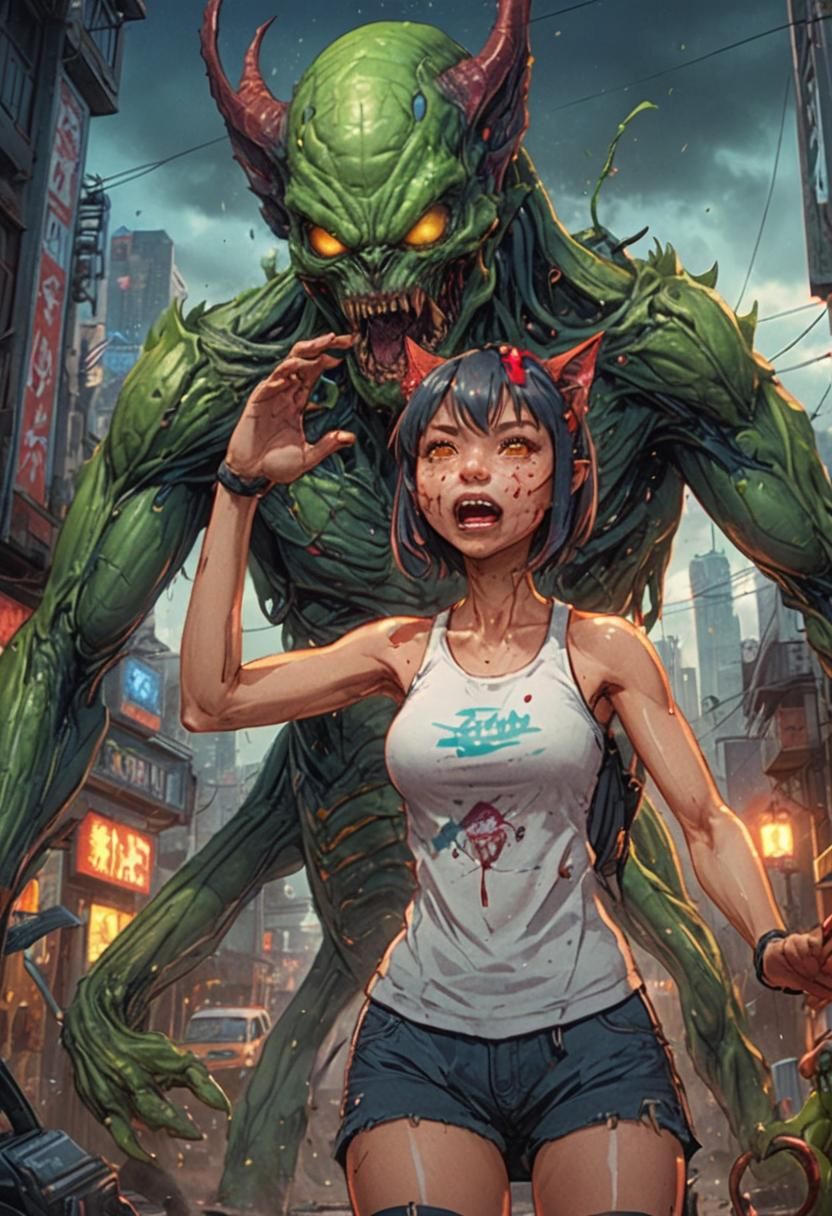 Anime Girl with Cat Ears and Alien Monster