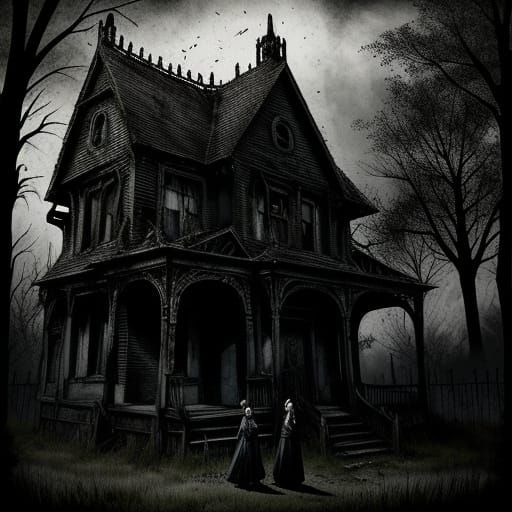 Gothic Horror: Eerie Girl and Old Woman in Abandoned House