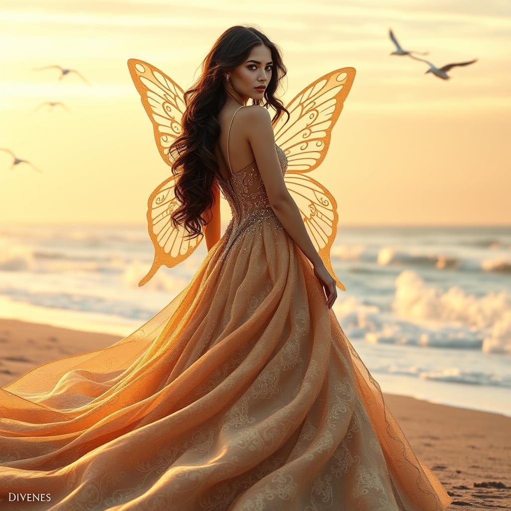 Hyper-Realistic Goddess in Butterfly Wings and Champagne Gow...