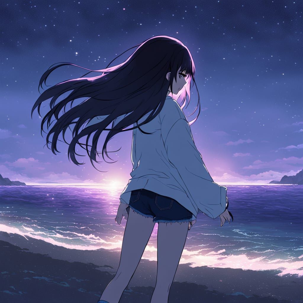 Anime Girl Gazing at Starry Ocean Sky
