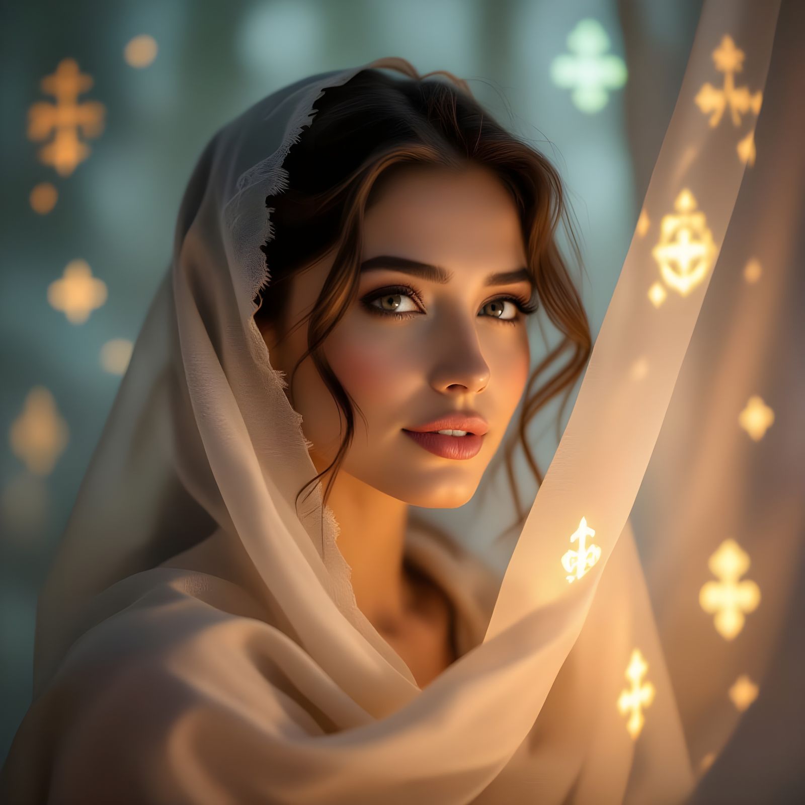 Woman Gazes Through Glowing Memory Veil with Ancient Symbols