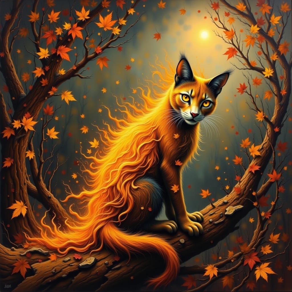 Mystical Cat in Fiery Autumn Orchard
