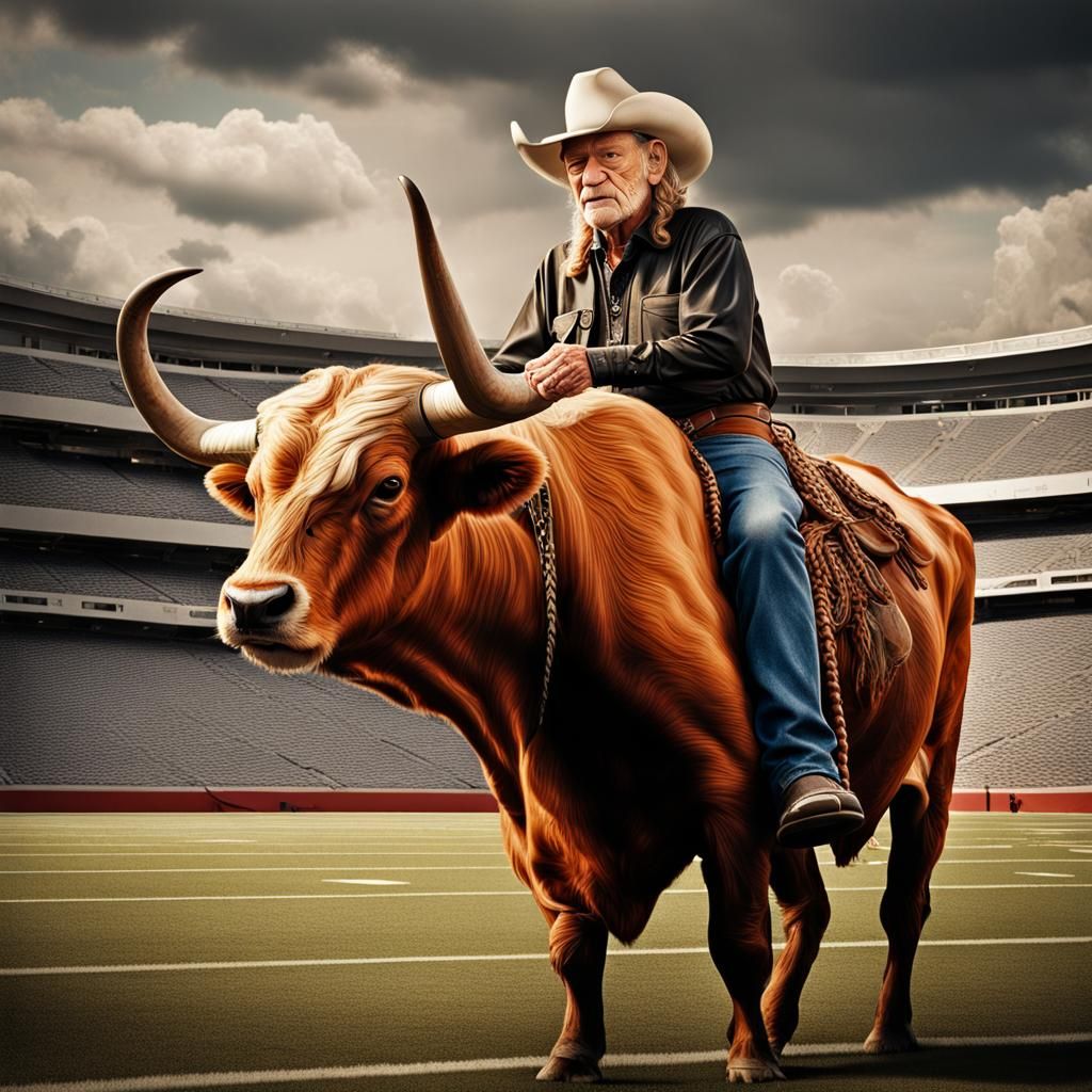 Willie Nelson Rides a Longhorn: Hyperrealistic Image