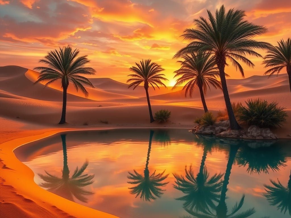 Serene Desert Oasis in Photorealistic Style with Lush Palm T...