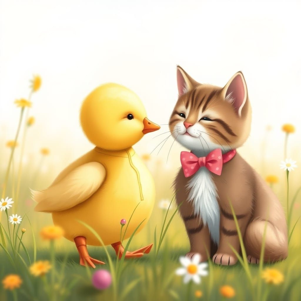 Cute Baby Duck Kisses Whimsical Cat Friend in Sunny Meadow
