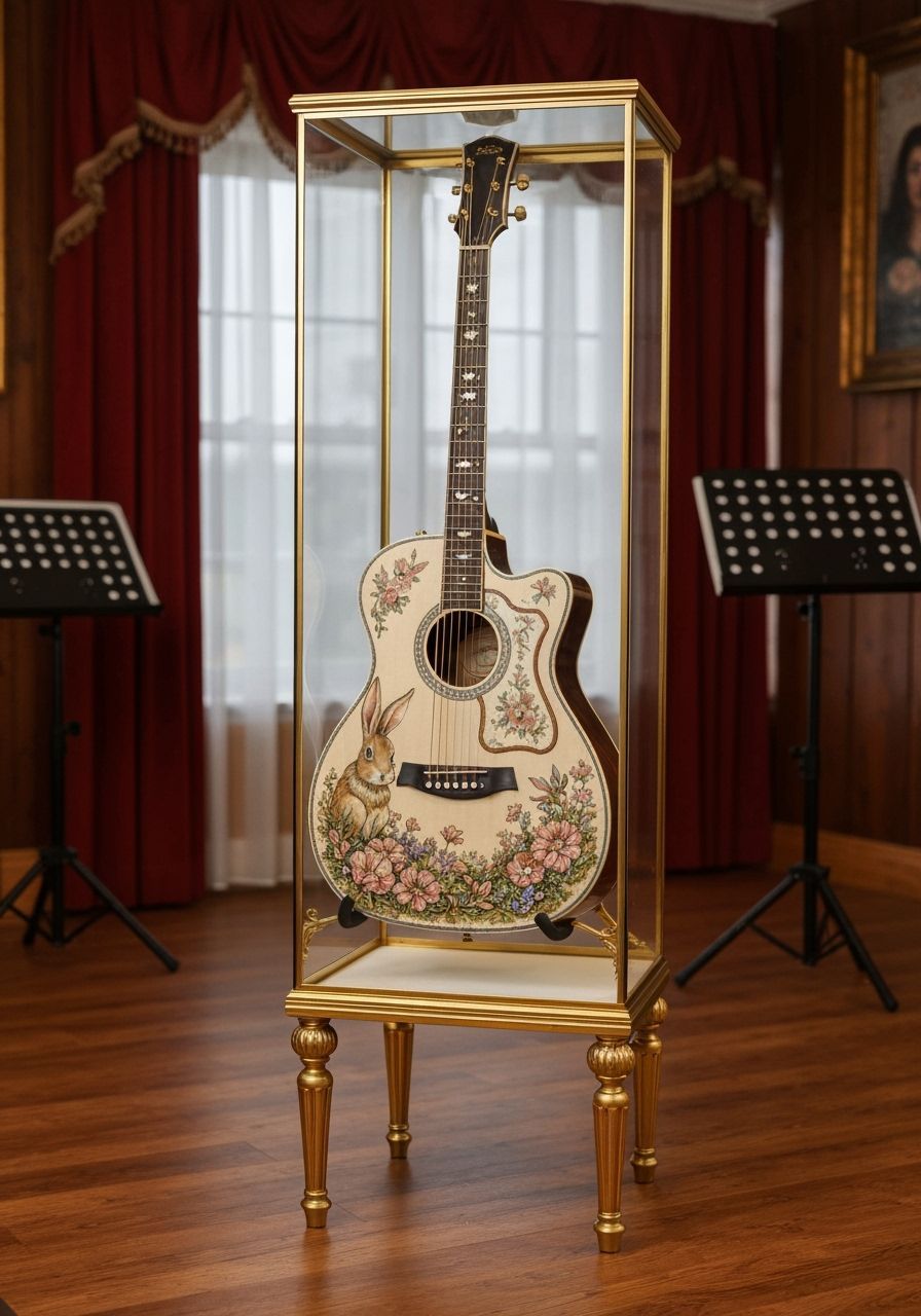 Ornate Rabbit & Flower Decorated Acoustic Guitar