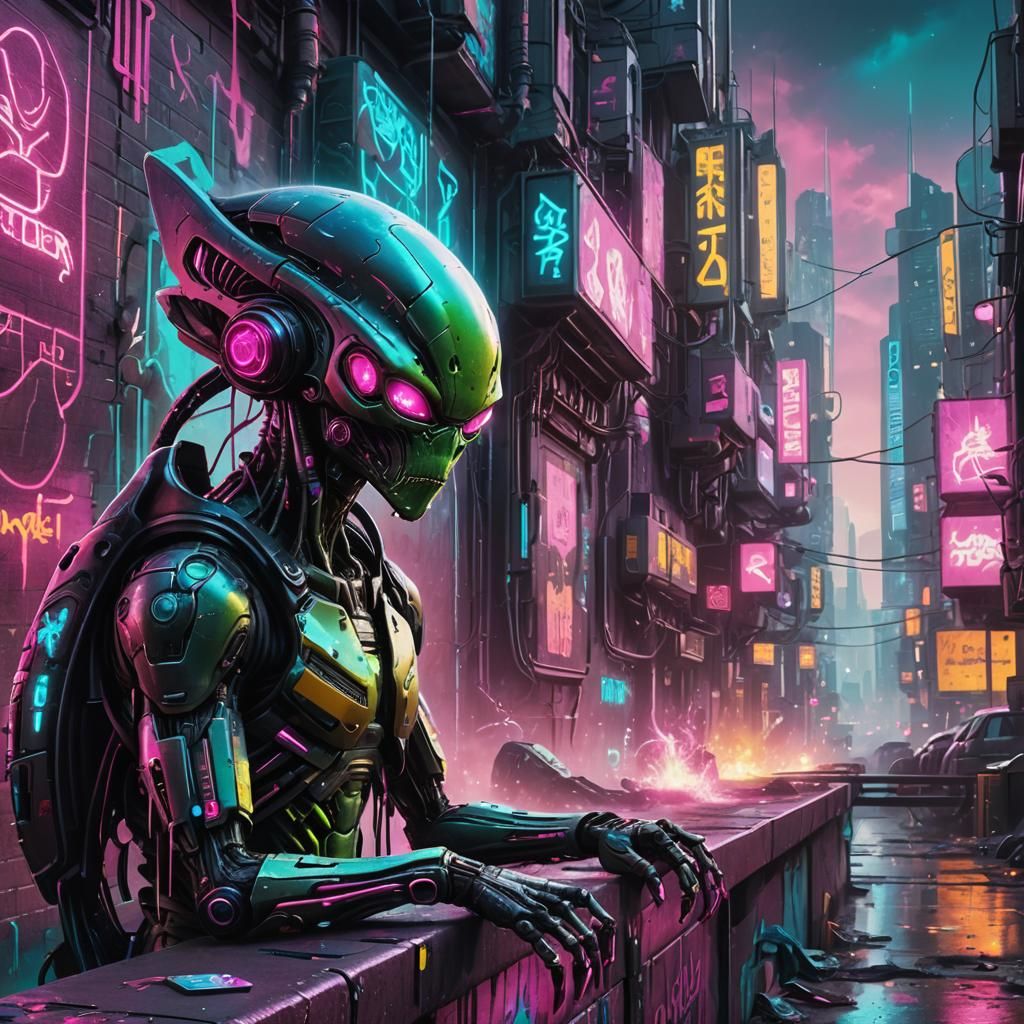 Alien Graffiti Artist in Cyberpunk Cityscape
