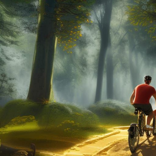 Man Cycling Through Forest: Detailed Matte Painting