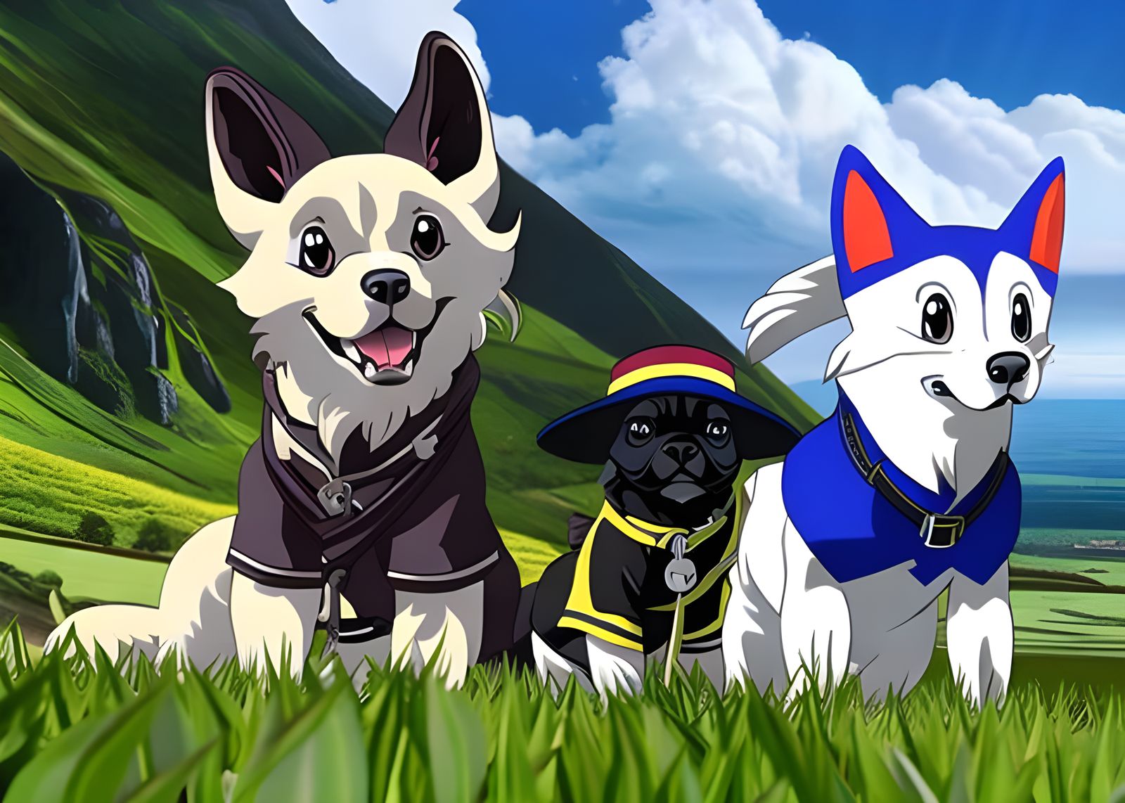 Anime Dog Explorers in a Botanical Garden