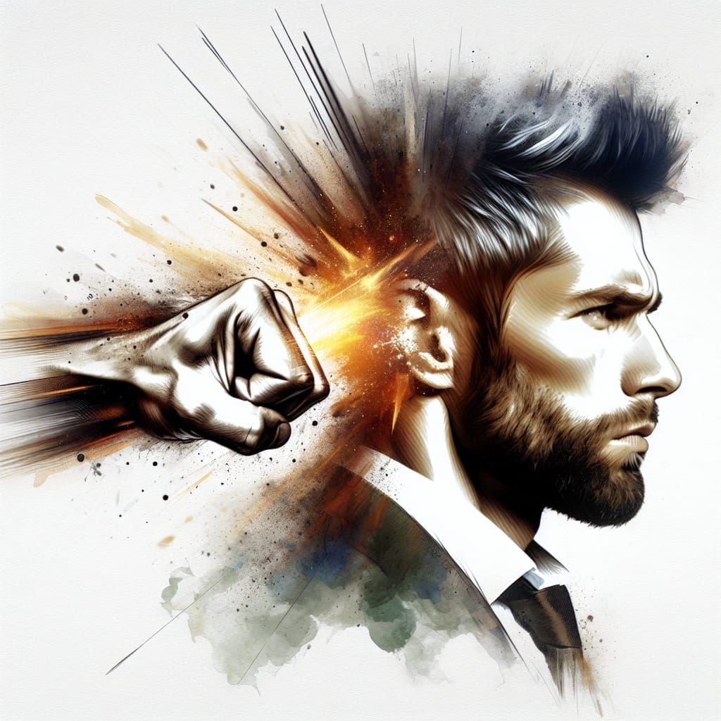 Epic Portrait of a Man Recoiling from a Powerful Blow