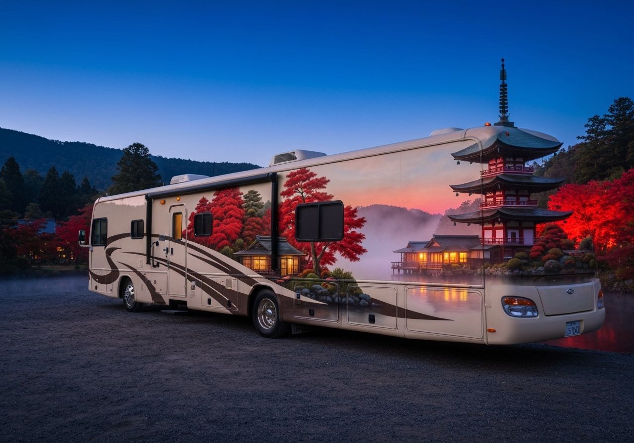 Luxurious RV at Dawn on Japanese Lake