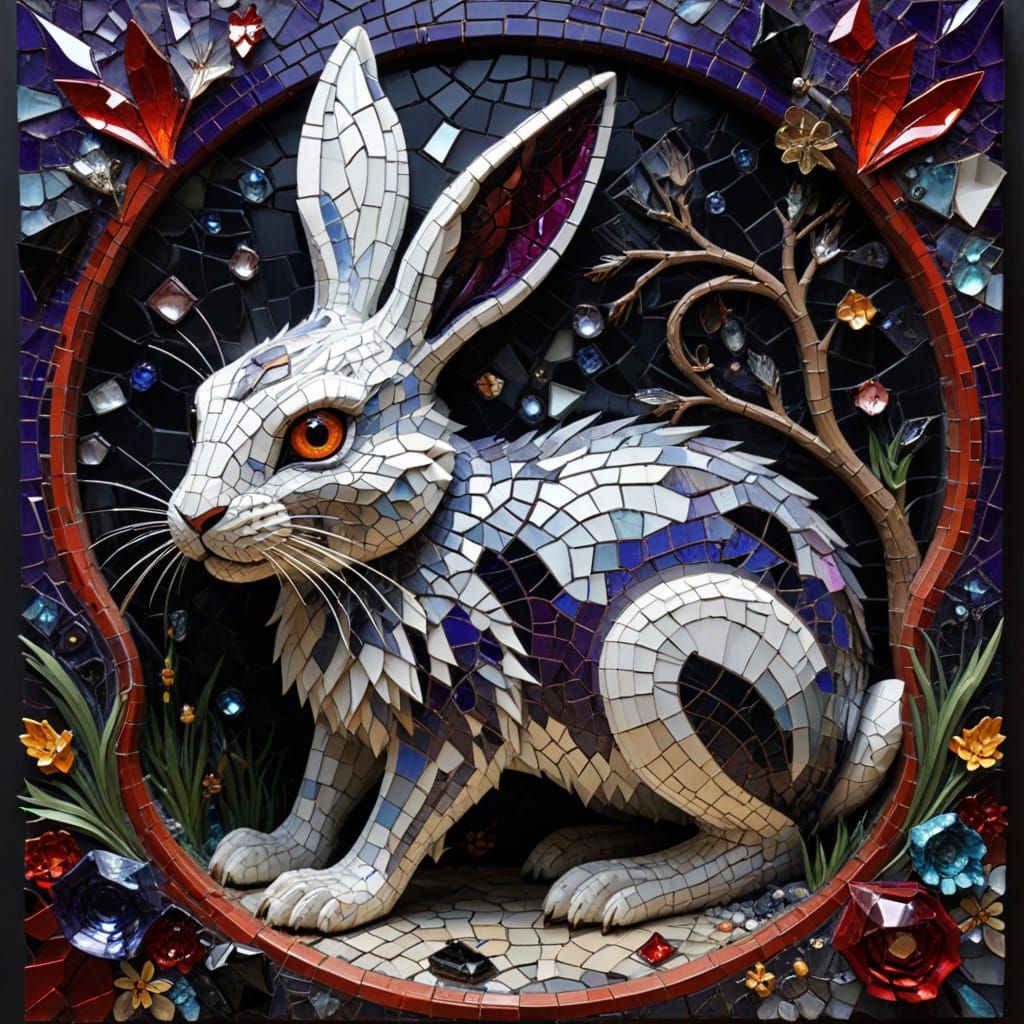 Whimsical Menacing Rabbit Monster in Iridescent Glass and Ce...