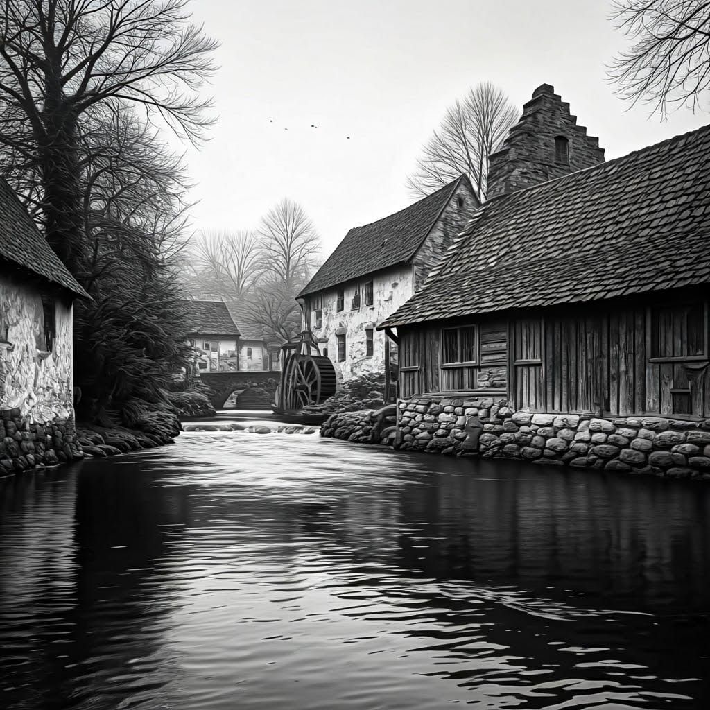Black and White River Village Illustration
