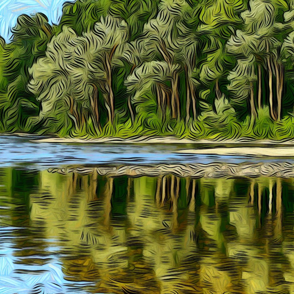 Tranquil Riverscape with Art Brut Forest Reflections