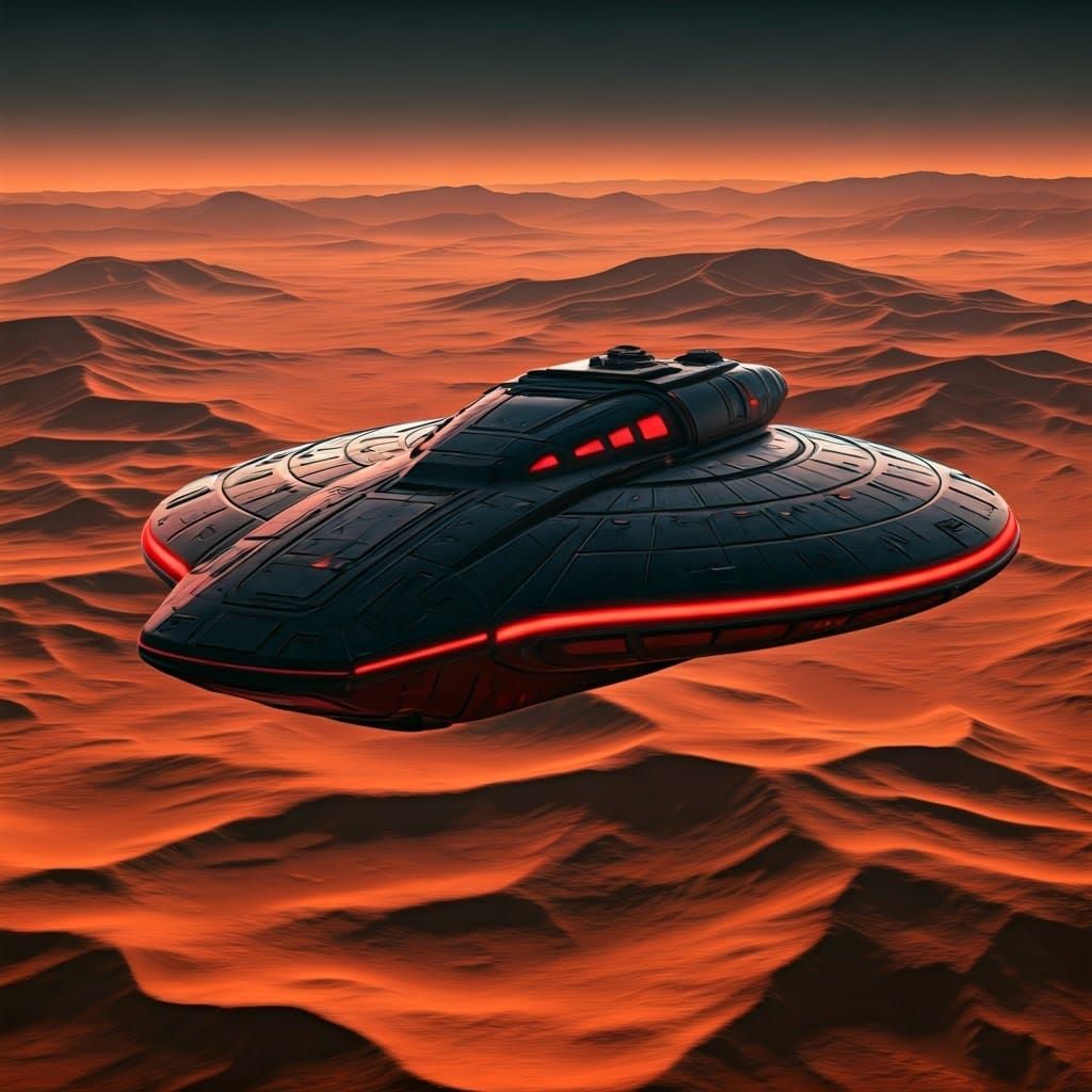 Futuristic Black UFO Over Mars at Night