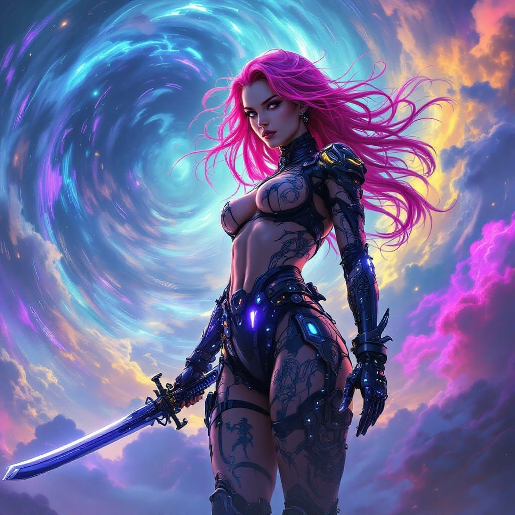 Android Valkyrie on Zeppelin in Cyberpunk Style