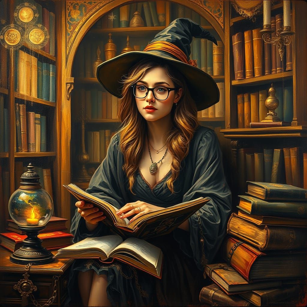 Golden Light Illuminates Contemplative Witch in Cozy Study