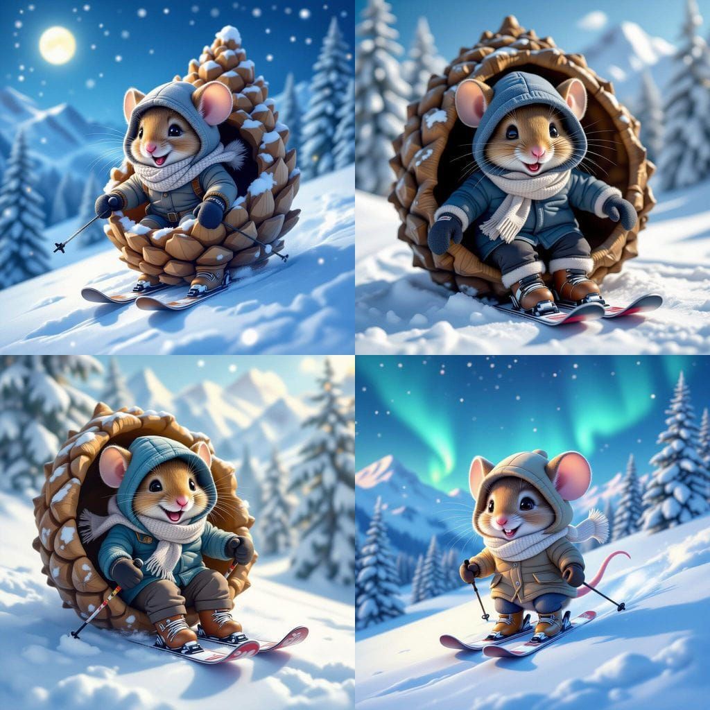 Cute Mouse Skiing in Pine Cone Winter Wonderland