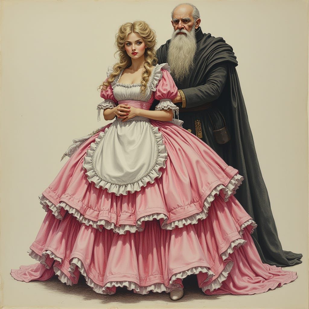 French Maid and Lord in Charcoal Drawing Style