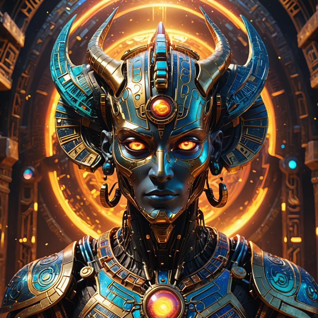 Cyborg Being with Planet in Fantasy Egyptian Style