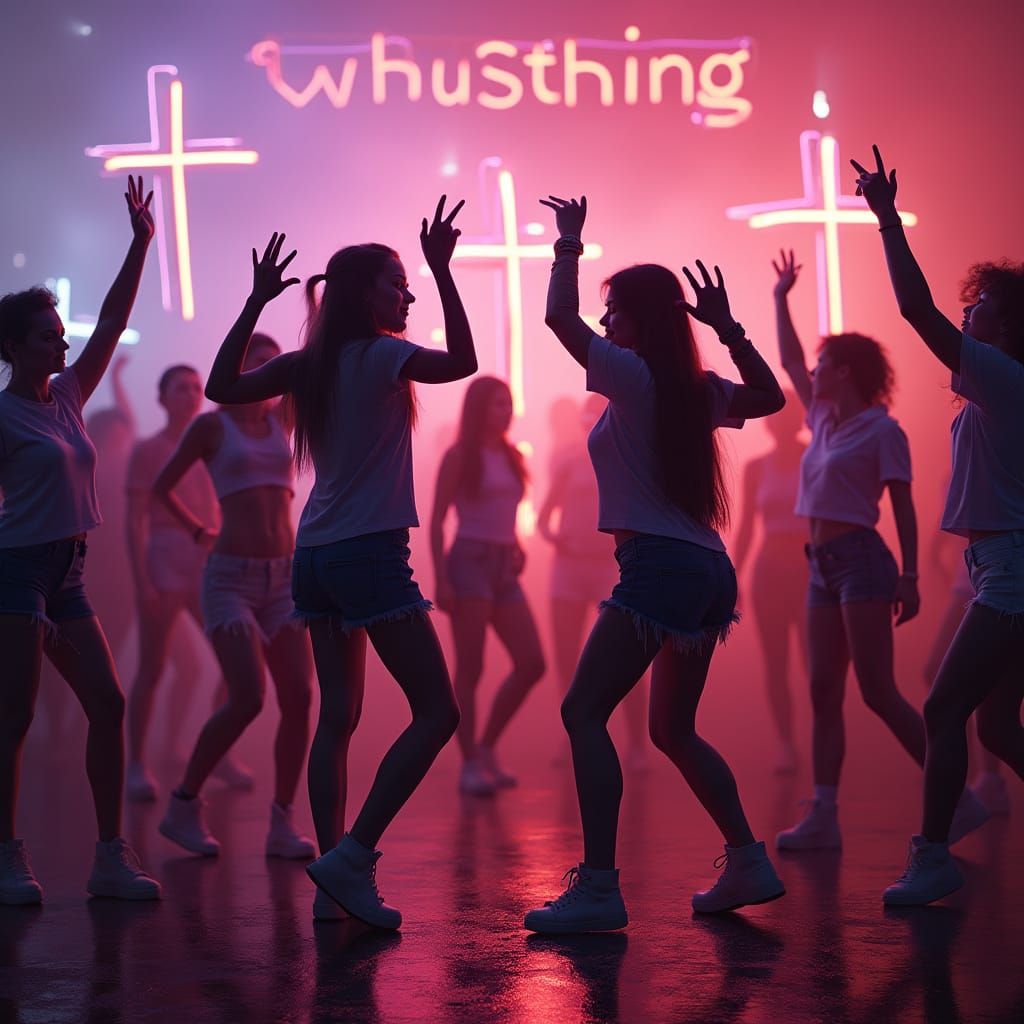 Trendy Friends Dancing with Neon Crosses in 3D Render