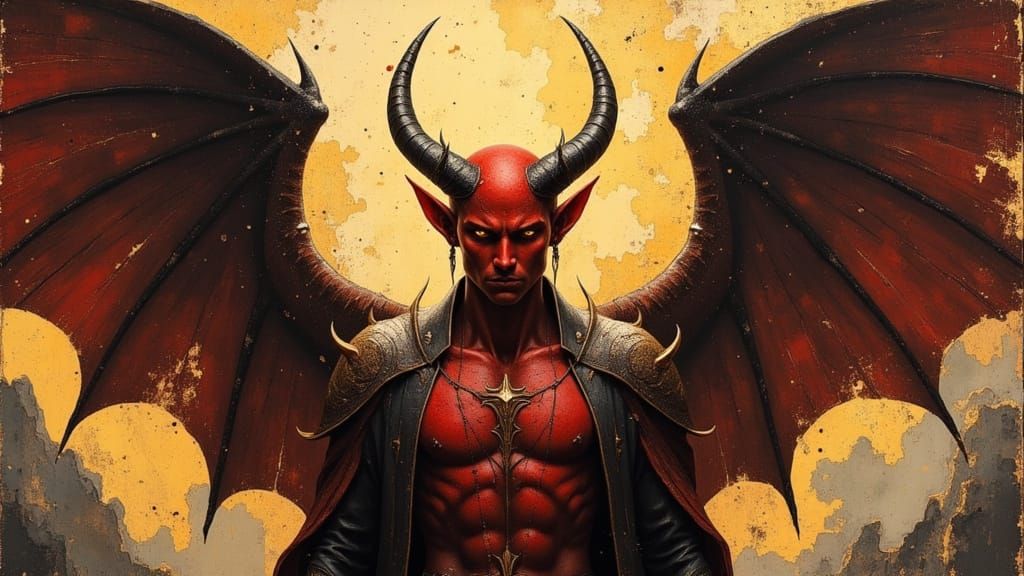 Red-Skinned Tiefling in Black and Gold Landscape