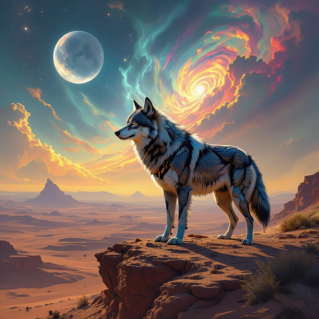 Majestic Wolf on Alien Desert Overlook