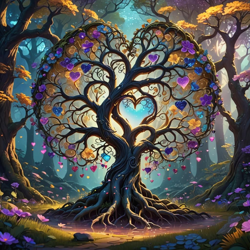 Heart-Shaped Tree Concept Art in Whimsical Forest