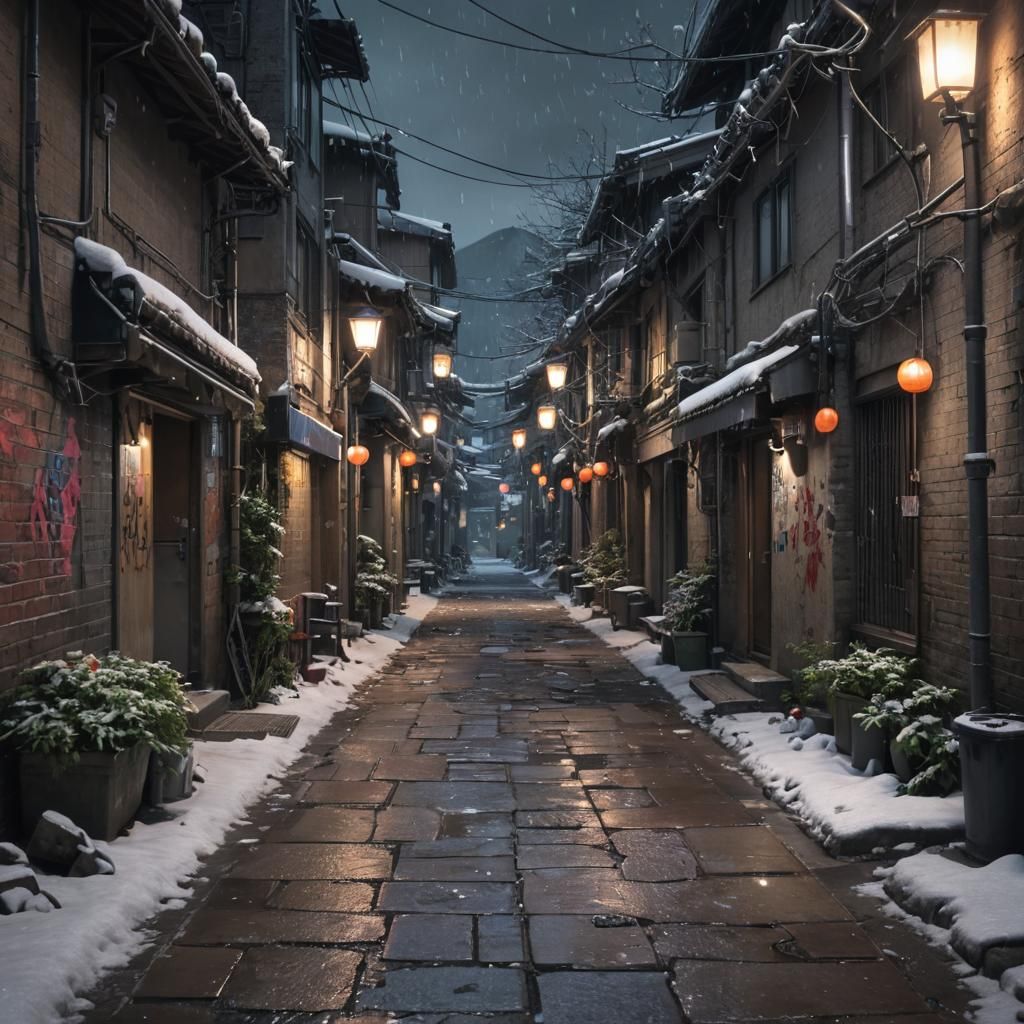 Neon Noir Alley in Snowy Japanese City