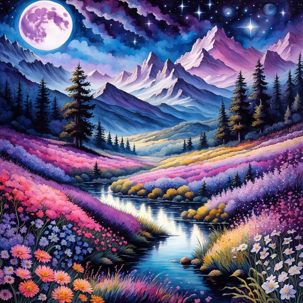 Watercolor Field of Flowers with Purple Moon