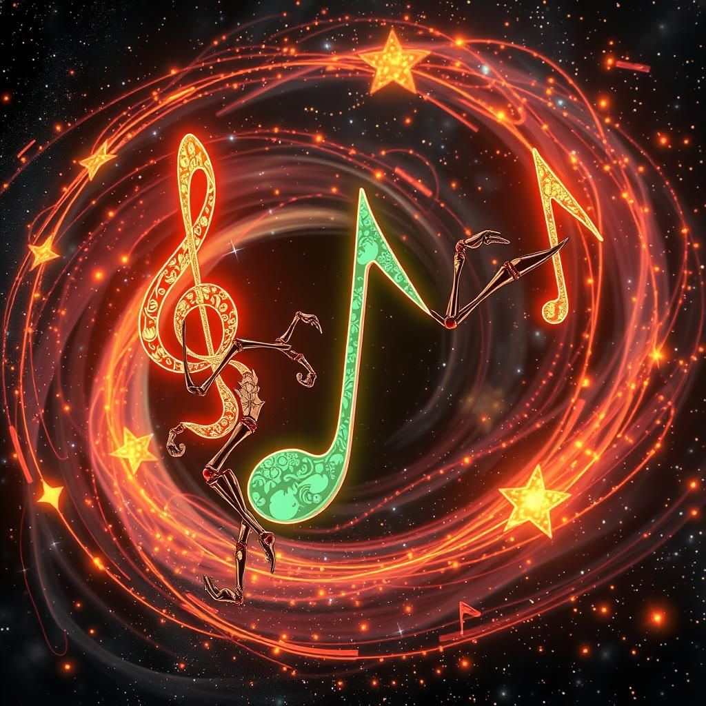 Dancing Musical Notes in Galaxy, Art Nouveau Style