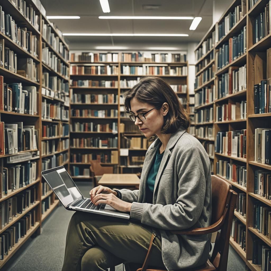 Writer in Library with Computer