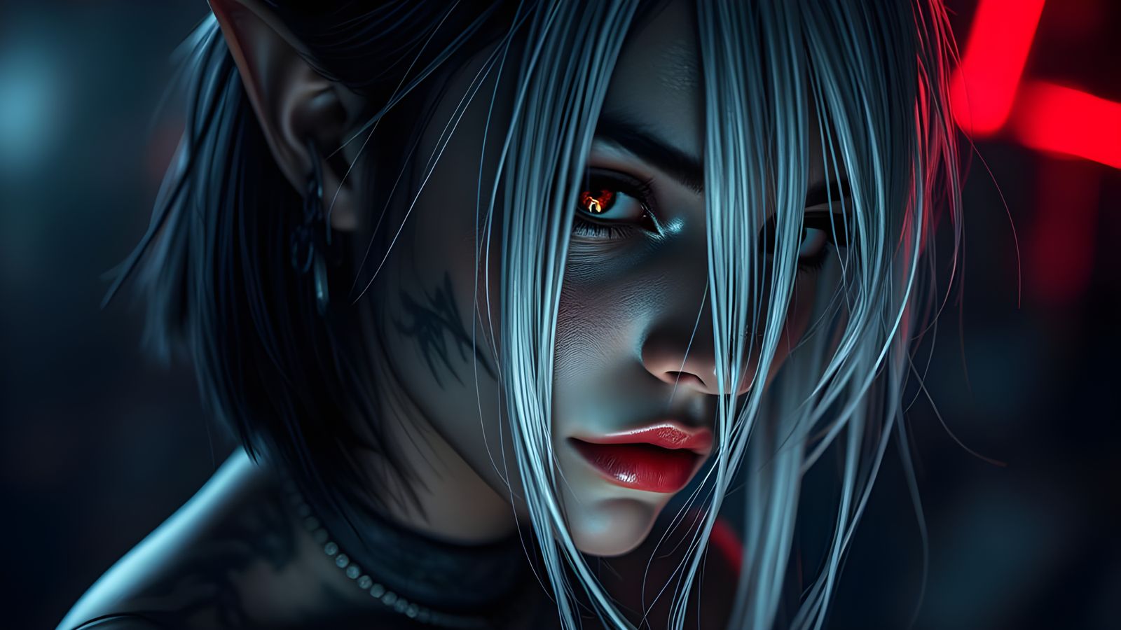 Hyperrealistic Drow Portrait with Red Eyes