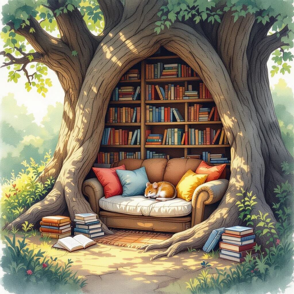 Cozy Reading Nook in Ancient Tree, Watercolor