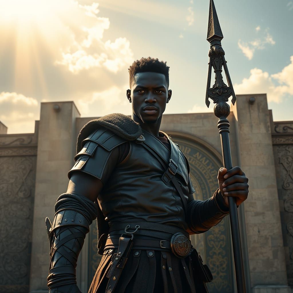 Courageous Man Guarding Ancient City Gate