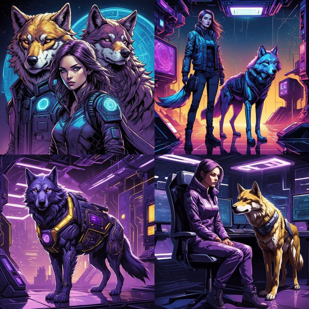 Cyberpunk Young Woman in Futuristic Outfit with Wolf Compani...