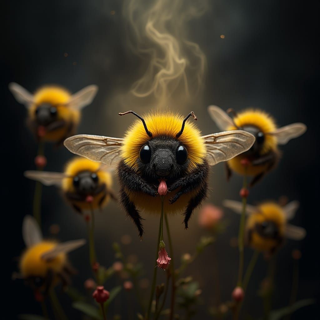 Whimsical Bumblebees Amidst Golden Smoke