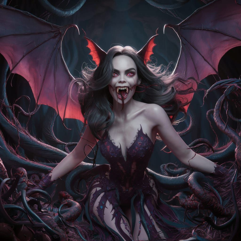 Margot Robbie as a vampiric creature with bat wings, red eye...