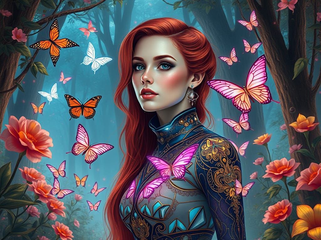 Surreal Portrait of Red-Headed Woman in Bioluminescent Fores...