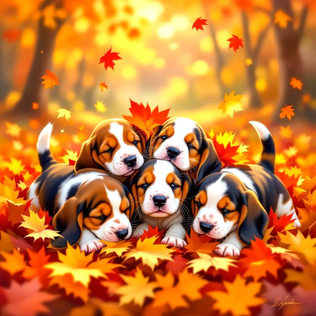 Basset Puppies Play in Autumn Leaves