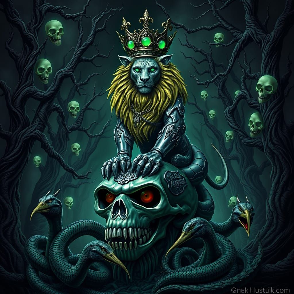 Gothic Metallic Lion Seated on a Glowing Green Skull