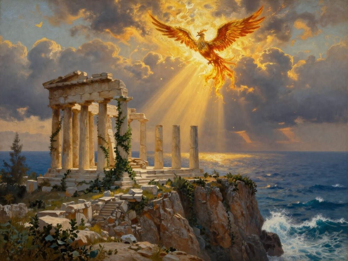 Ancient Greek Temple Ruins with Phoenix at Sunset