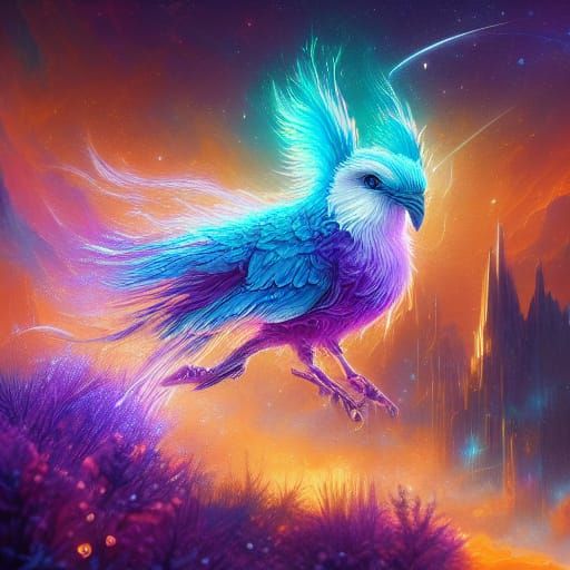 Majestic Cosmic Phoenix Rises from the Ashes in Ethereal, Gl...