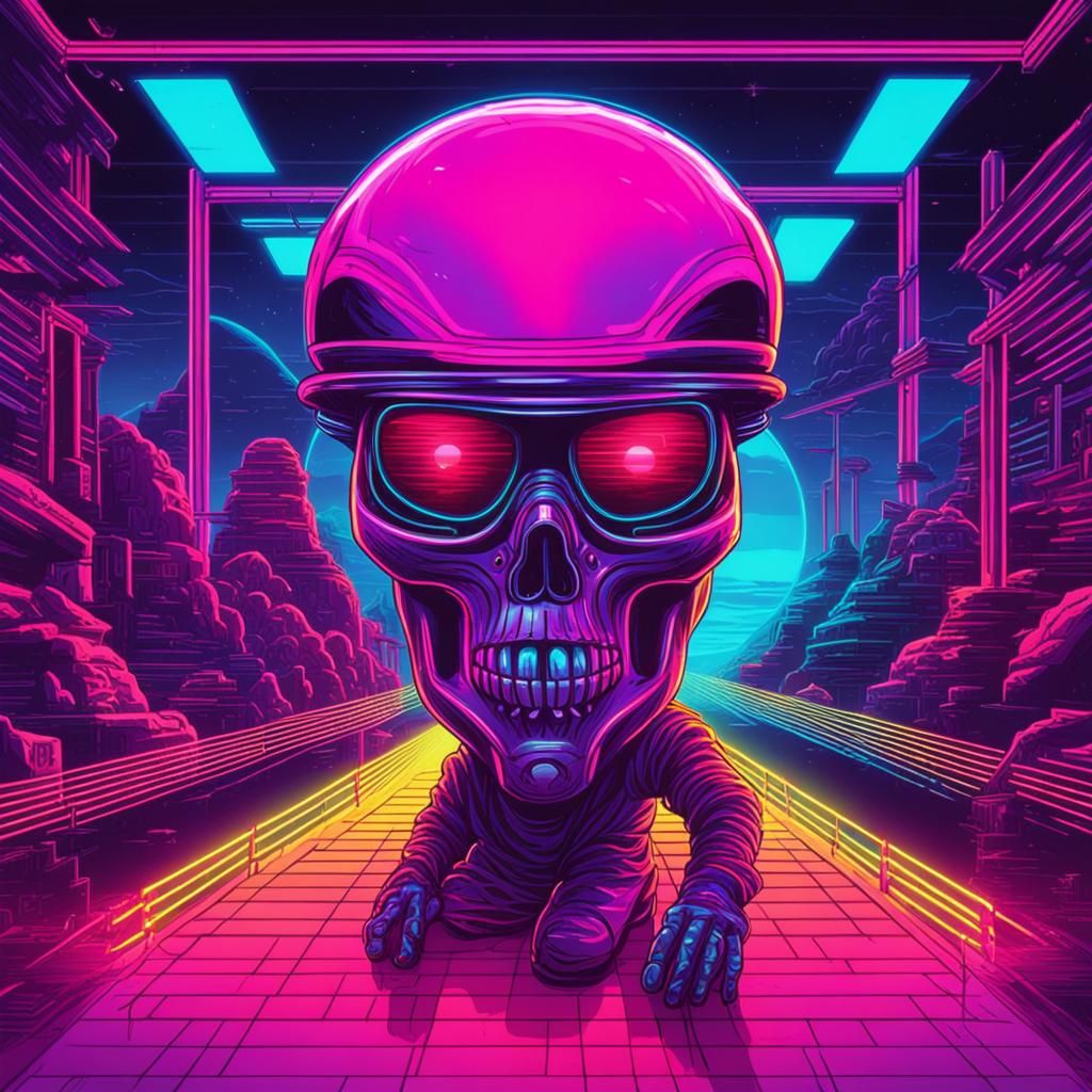 Alien in Synthwave Prison with Neon Retro Style