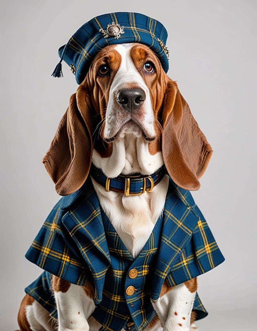 Proud Basset Hound in Highland Scotsman Tartan Outfit