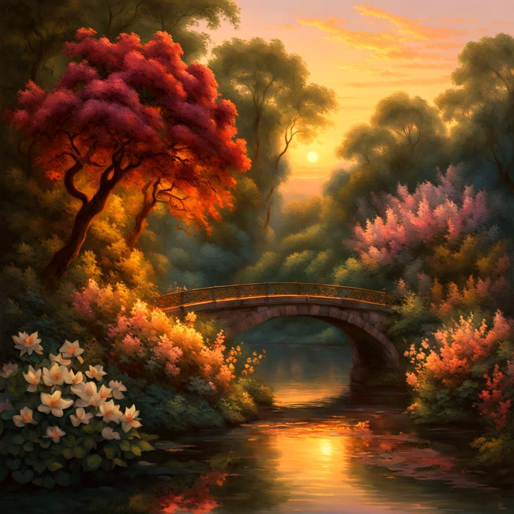 Glorious Sunset Bridge with Vibrant Colors and Majestic Refl...