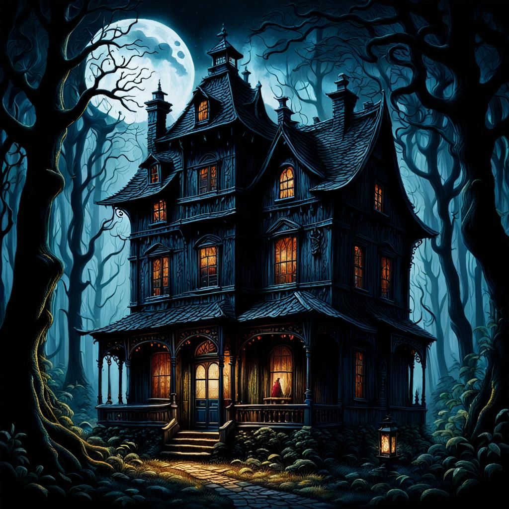 Old House in Dark Forest with Ghostly Figure